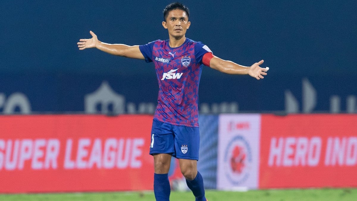 Bengaluru FC's Sunil Chhetri reacts against Hyderabad FC in ISL 2021-22.