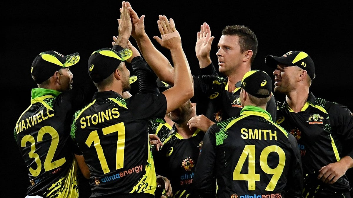 Josh Hazlewood celebrates after taking a Sri Lanka wicket in the second T20I in Sydney.  