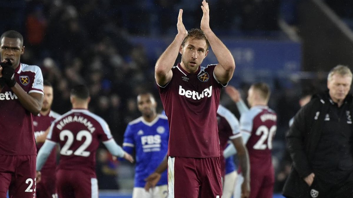 West Ham's Craig Dawson applauds the fans at the end of the EPL match Vs Leicester City on Sunday.