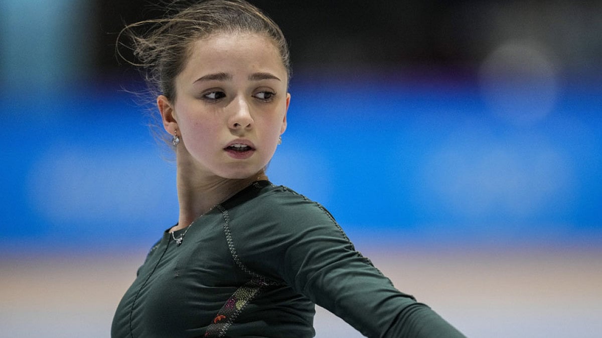 Kamila Valieva trains at the 2022 Winter Olympics, Feb. 14 in Beijing.
