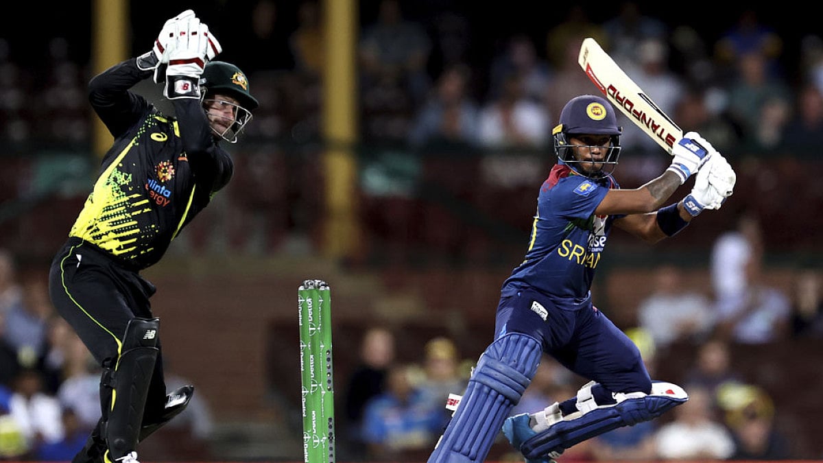 Sri Lanka's Pathum Nissanka bats during a T20 match against Australia in Sydney.