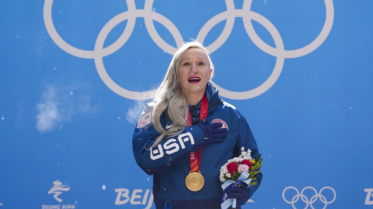 Kaillie Humphries of the United States at the medal ceremony in Beijing, Feb. 14, 2022.
