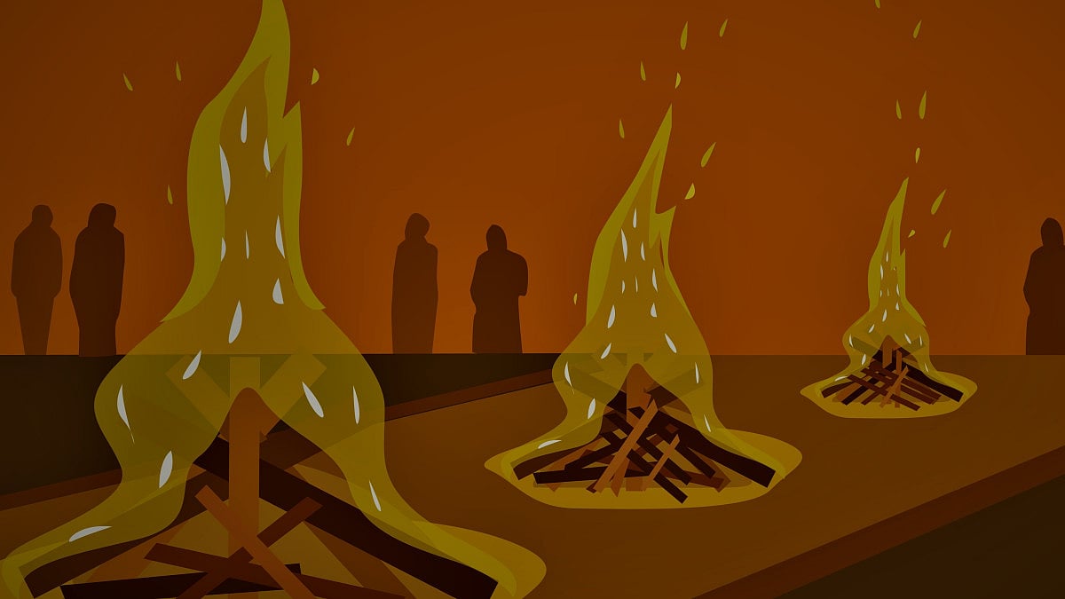 Illustration of Hindu funeral pyres