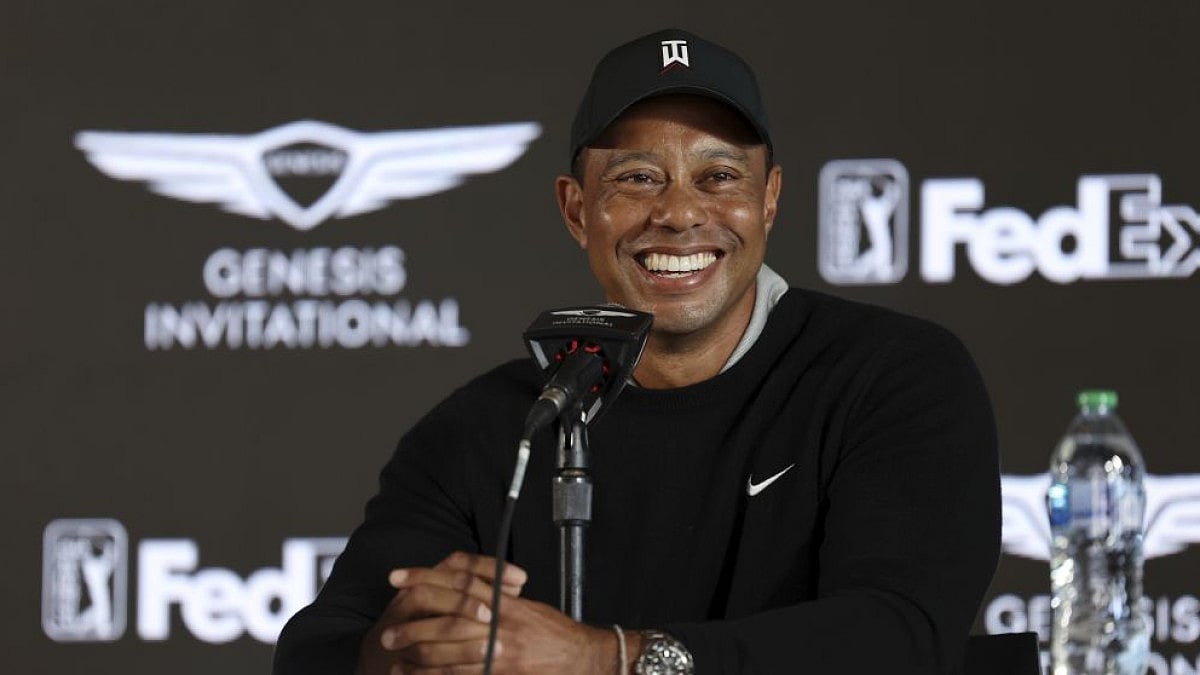 Tiger Woods speaks during a news conference for the Genesis Invitational golf tournament on Feb. 16.
