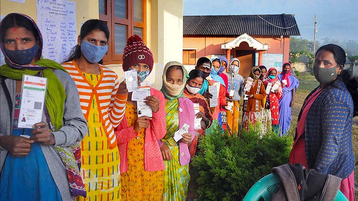 Women voters at a polling booth.