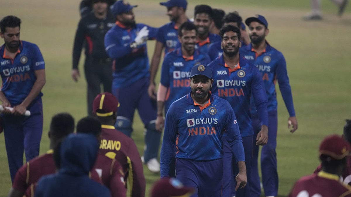 India and West Indies players after the end of their second Twenty20 international match in Kolkata.