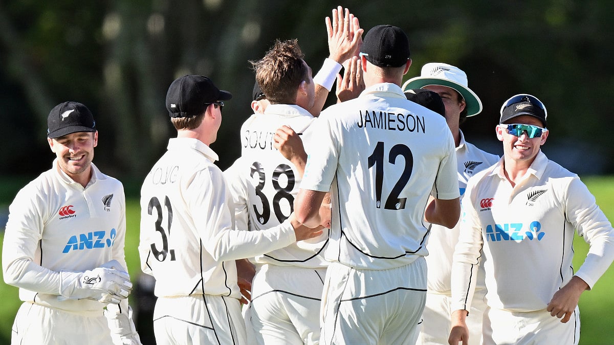 Tim Southee celebrates one of his five wickets against South Africa in the first Test on Saturday.  