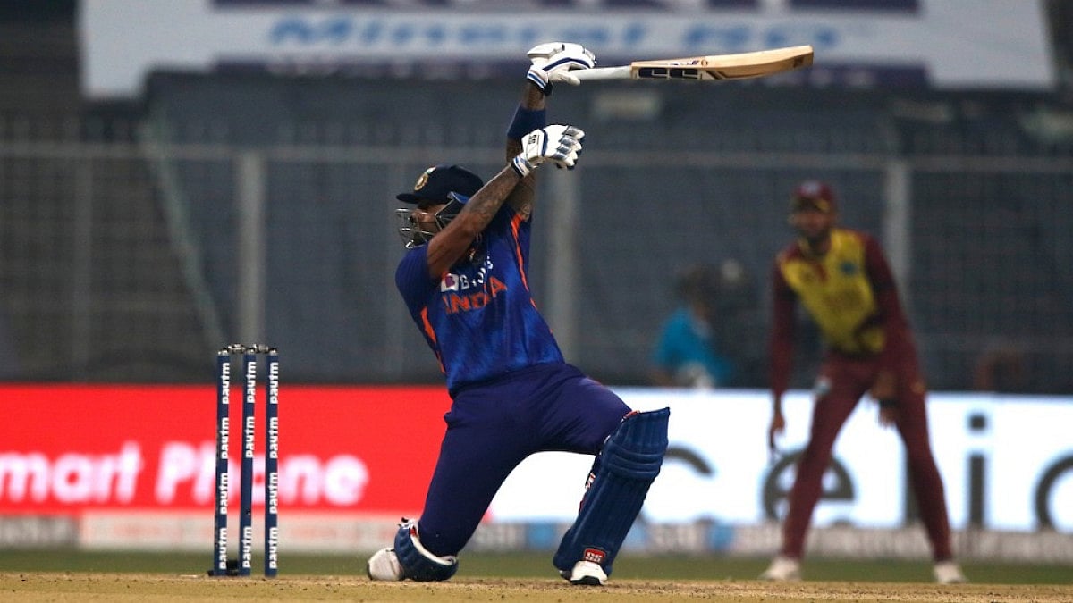 Suryakumar Yadav plays a shot in the third T20 against West Indies at Eden Gardens on Sunday. 