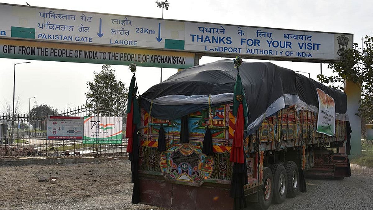 A truck carrying wheat from India passes through the Attari-Wagah border between India and Pakistan.
