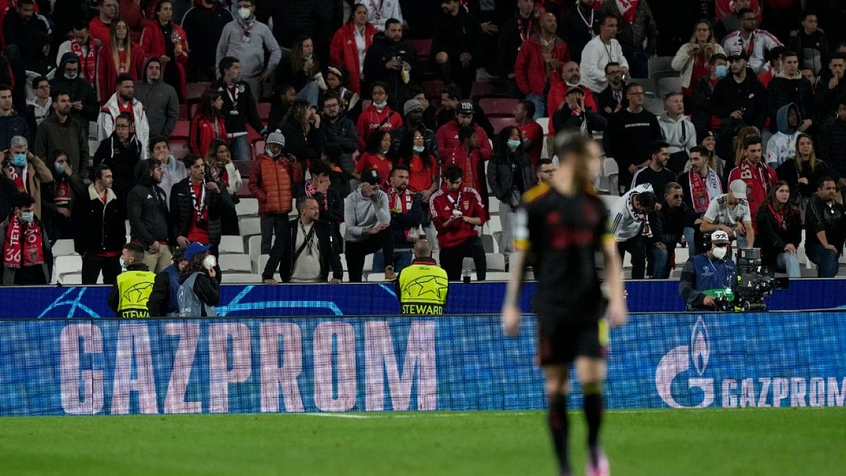 Advertisement of the Russian state-owned company Gazprom displayed on an advertising board in UCL.