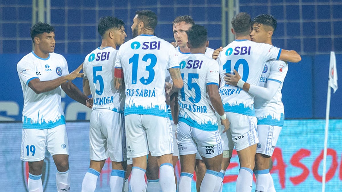 Jamshedpur FC players celebrate their win over NorthEast United FC