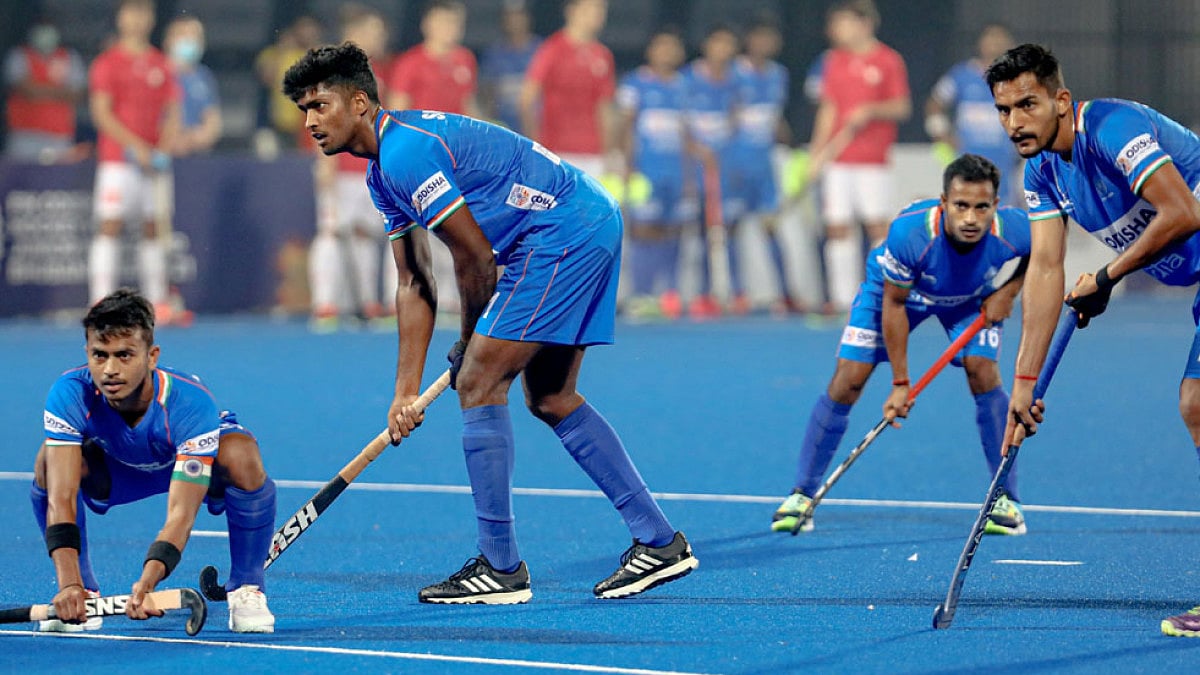 Indian team in action during 2021 Men's FIH Hockey Junior World Cup.