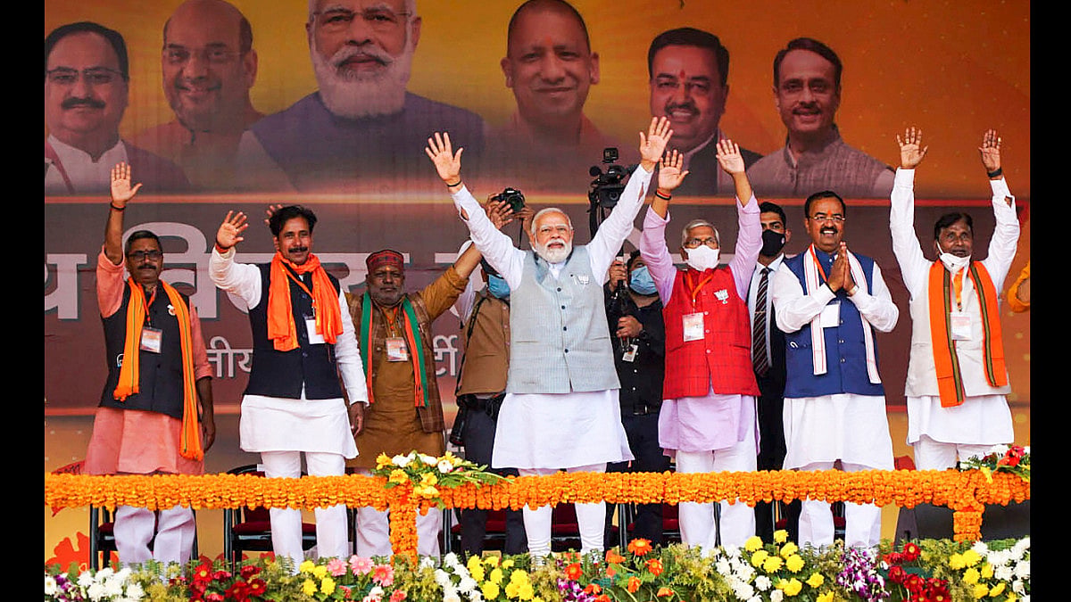 PM Modi with Uttar Pradesh Deputy Chief Minister Keshav Prasad Maurya and others, UP elections.