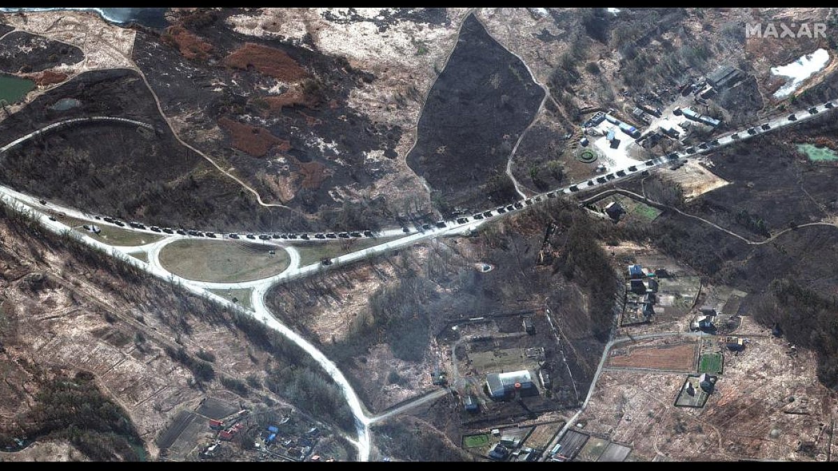This satellite image provided by Maxar Technologies shows a military convoy near Invankiv, Ukraine. 