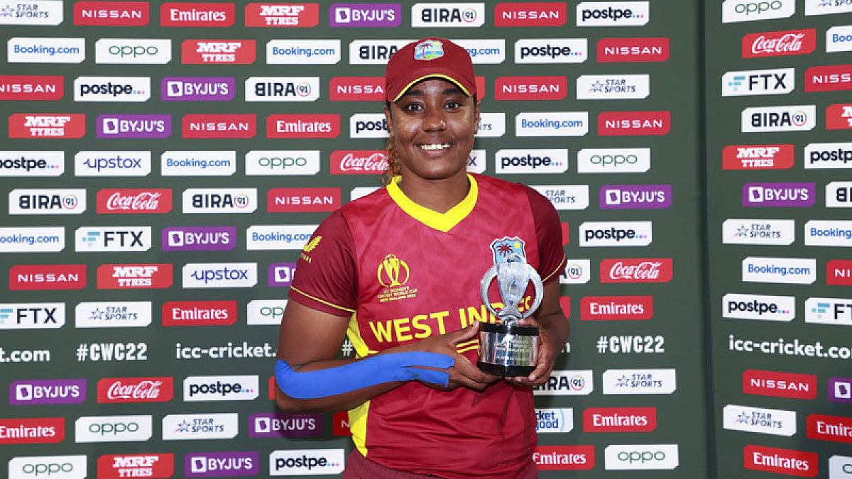 West Indies' Hayley Matthews with the player of the match trophy after their win over New Zealand.