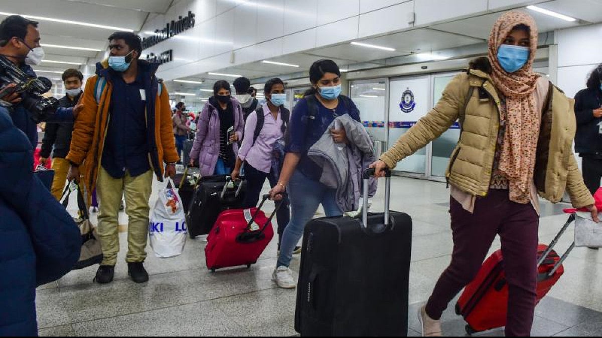Indian nationals, evacuated from war-torn Ukraine, upon their arrival at the IGI Airport, New Delhi.