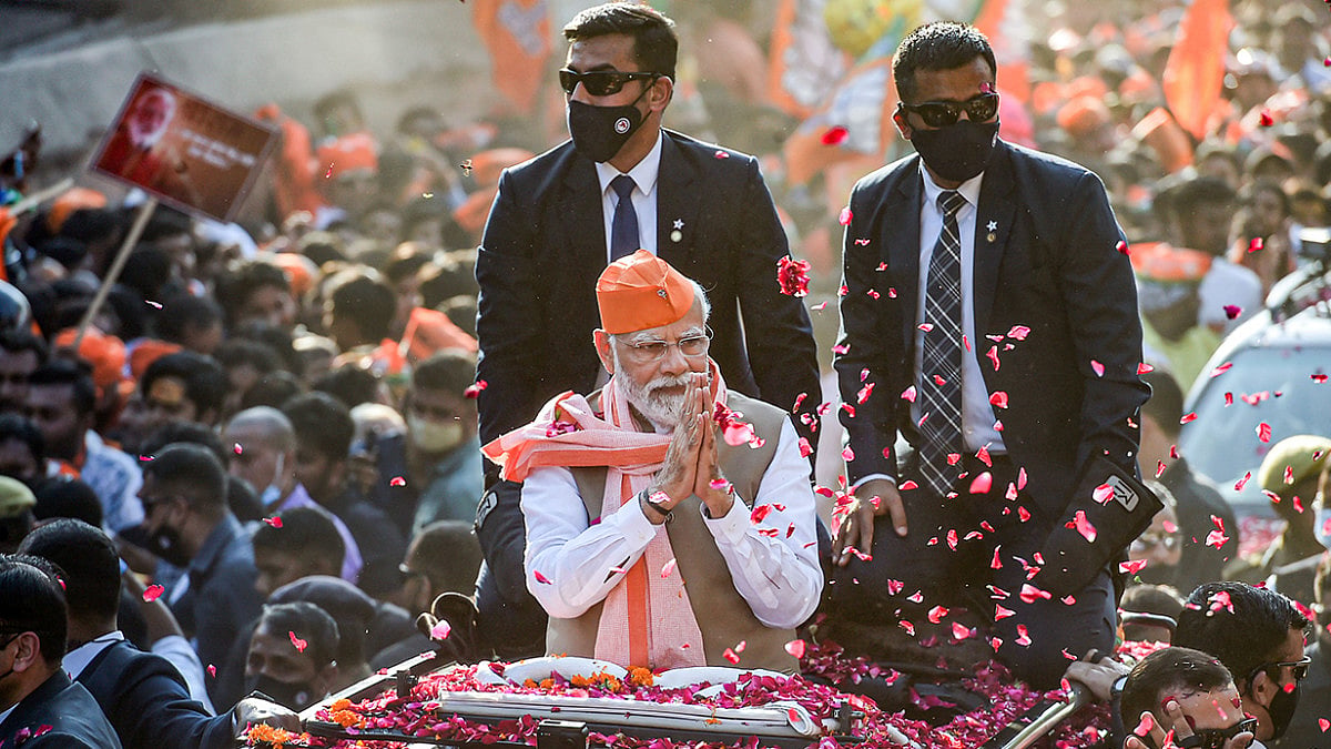 Prime Minister Narendra Modi during  his roadshow in Uttar Pradesh's Varanasi. 