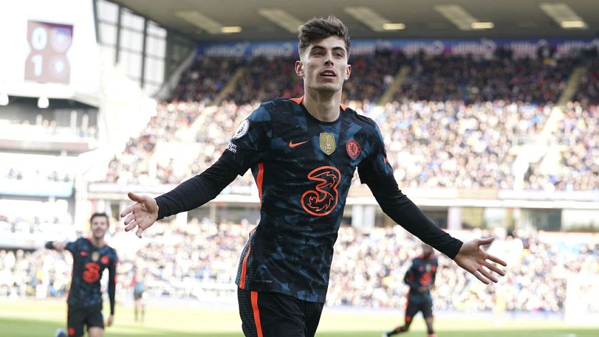 Chelsea's Kai Havertz celebrates after scoring second goal against Burnley in EPL 2021-22 game.