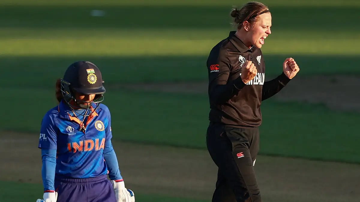 Lea Tahuhu New Zealand rejoices after dismissing India's Deepti Sharma (not in pic) in Hamilton.