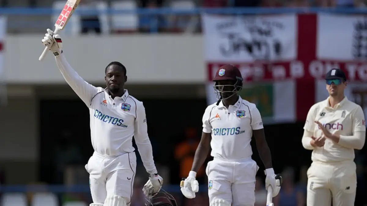 West Indies' Nkrumah Bonner celebrates scoring a century against England.