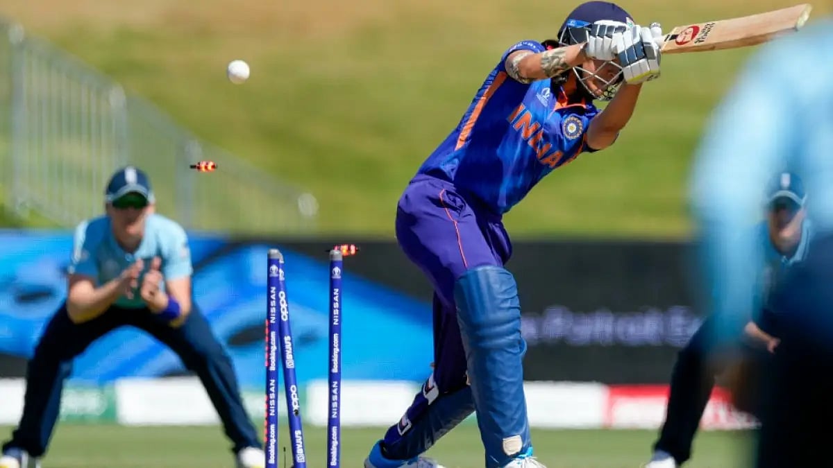 India's Yastika Bhatia is clean bowled during their ICC Women's World Cup 2022 tie against England.