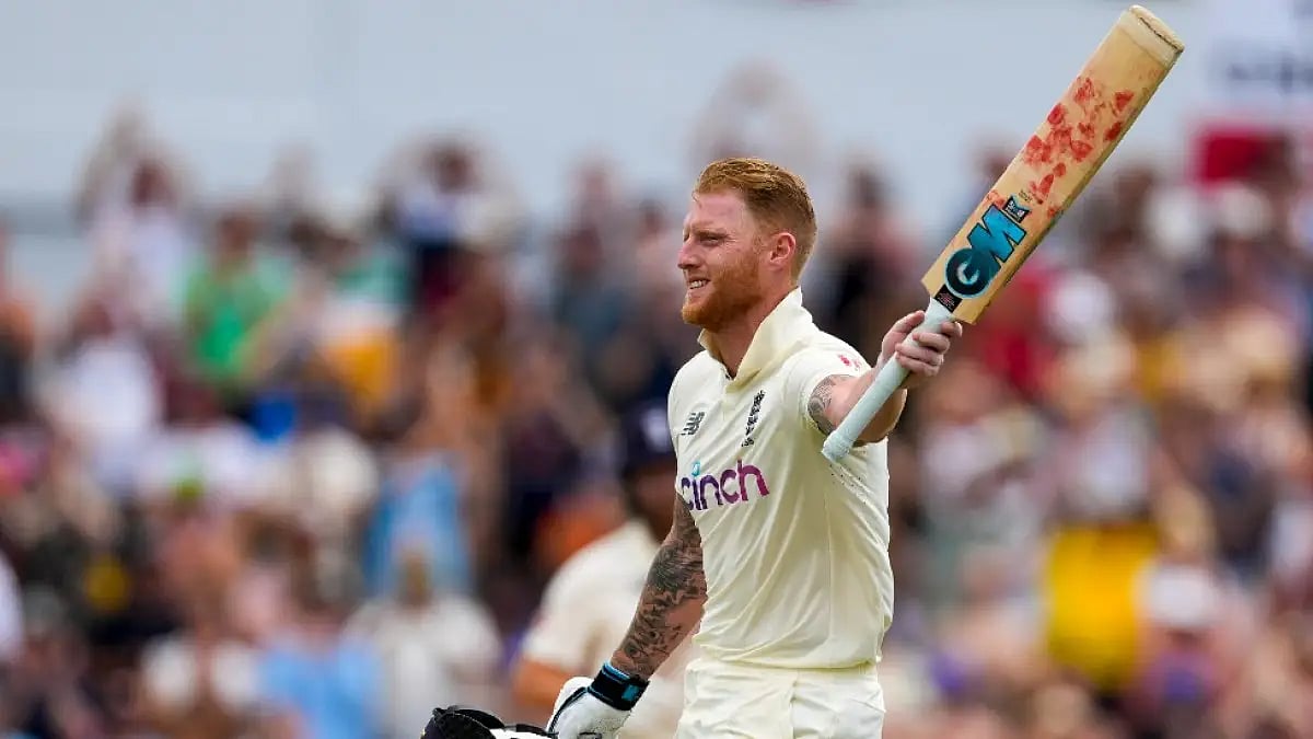 England's Ben Stokes celebrates after scoring a century against West Indies on Day 2 of 2nd Test.