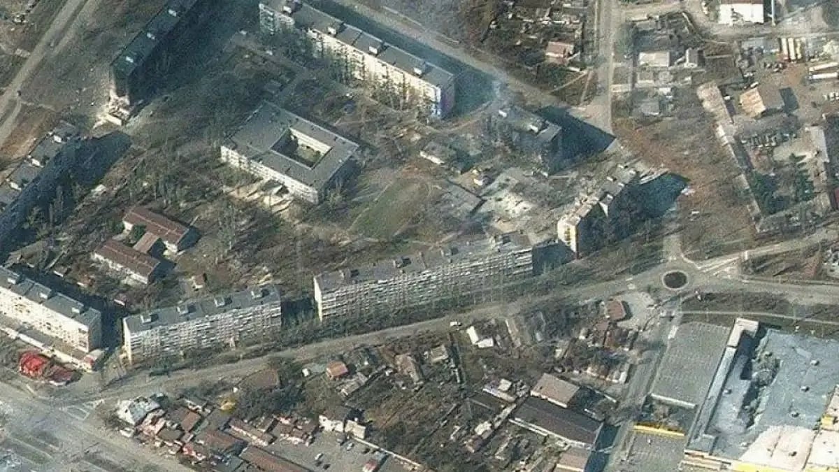 This satellite image shows damaged and burning buildings in Mariupol,Ukraine.