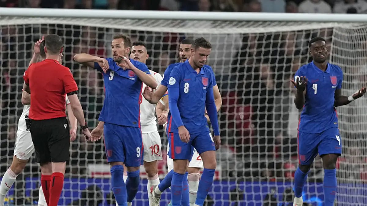 Harry Kane appeals to referee Andreas Ekberg during England's friendly against Switzerland.