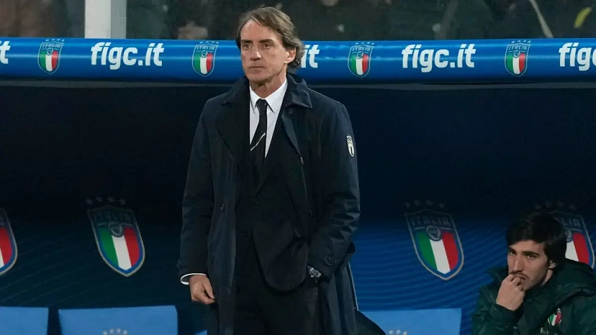 Roberto Mancini looks on during the World Cup qualifying play-off match against North Macedonia.