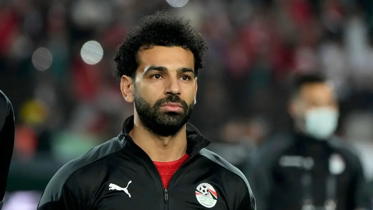 Egypt's Mohamed Salah listens to national anthem before the Senegal match at World Cup Qualifiers.