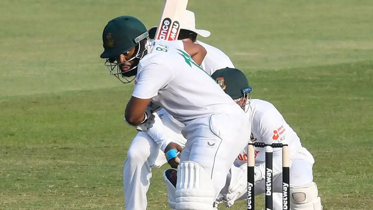 Temba Bavuma plays a shot on Day 1 of the first SA vs BAN Test match at Kingsmead, Durban.