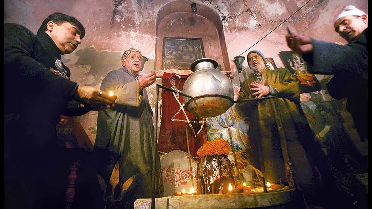 Kashmiri pandits performing puja.