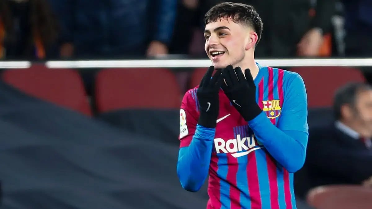 Barcelona's Pedri Gonzalez celebrates after scoring against Sevilla in La Liga 2021-22.