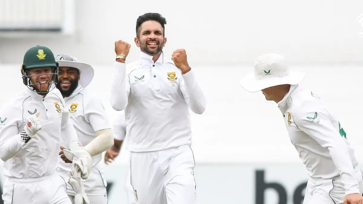 Keshav Maharaj celebrates after taking a wicket vs Bangladeshi. Get SA vs BAN highlights.