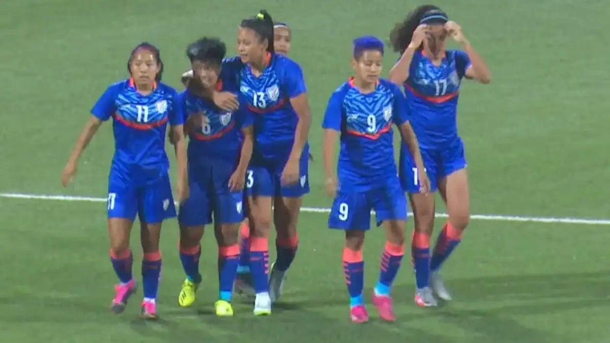 India players celebrate their victory against Egypt in an international football friendly.  
