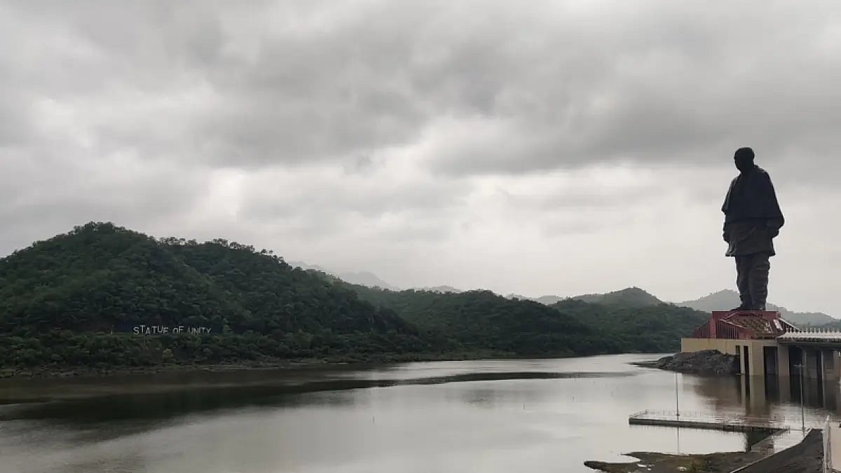 The Statue of Unity over the Narmada river