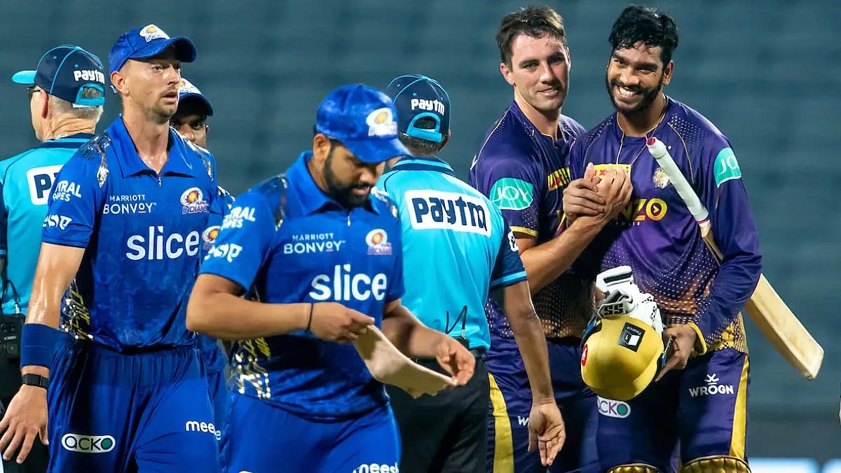 Pat Cummins and Venkatesh Iyer are all smiles after ensuring KKR victory over MI in IPL 2022.