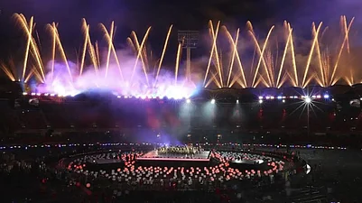 Fireworks light up at the Carrara Stadium during closing ceremony of 2018 Commonwealth Games.