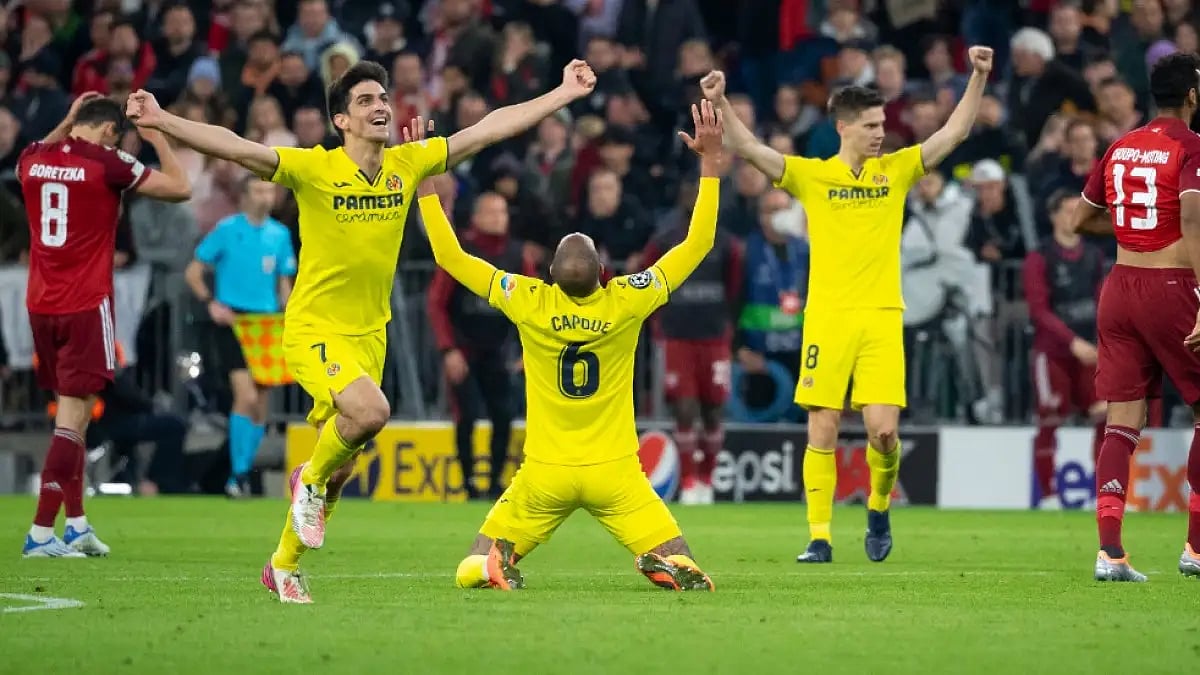 Villareal players celebrate After winning the UEFA Champions League quarterfinal vs Bayern Munich.