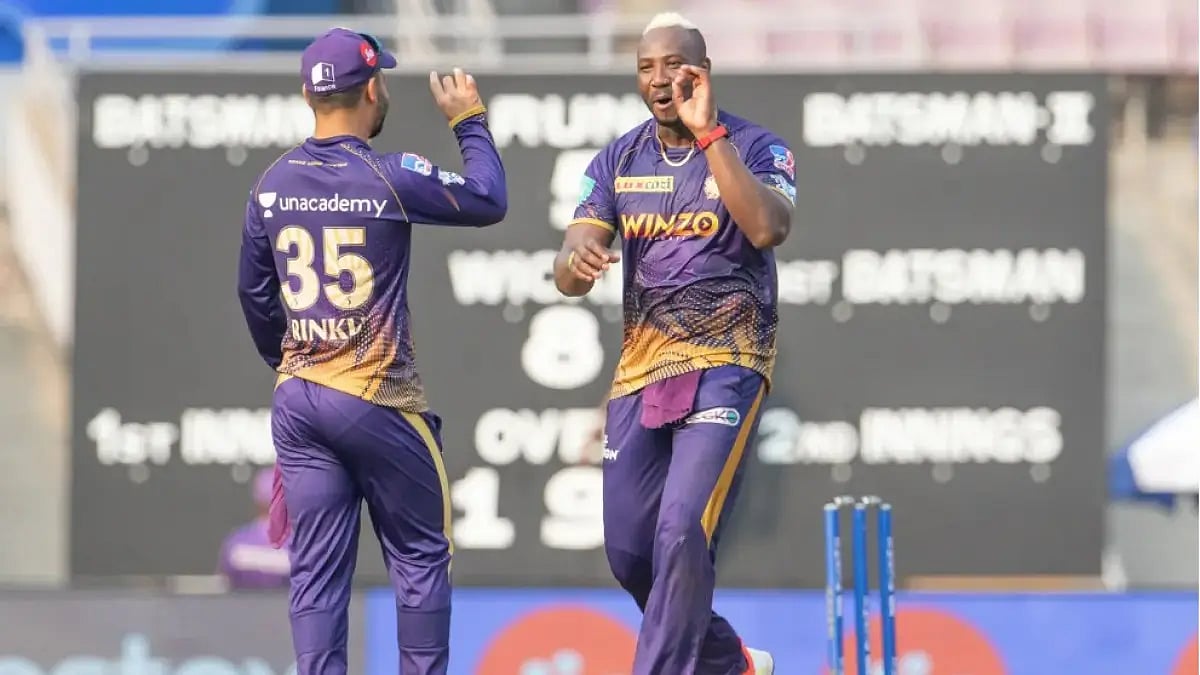 KKR's Andre Russell celebrates his four wickets against Gujarat Titans in an IPL 2022 game. 