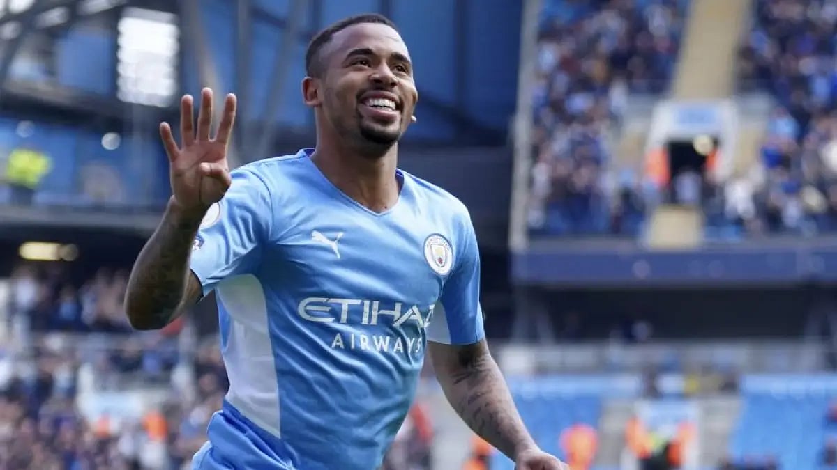 Manchester City's Gabriel Jesus celebrates after scoring his fourth goal vs Watford on Saturday.