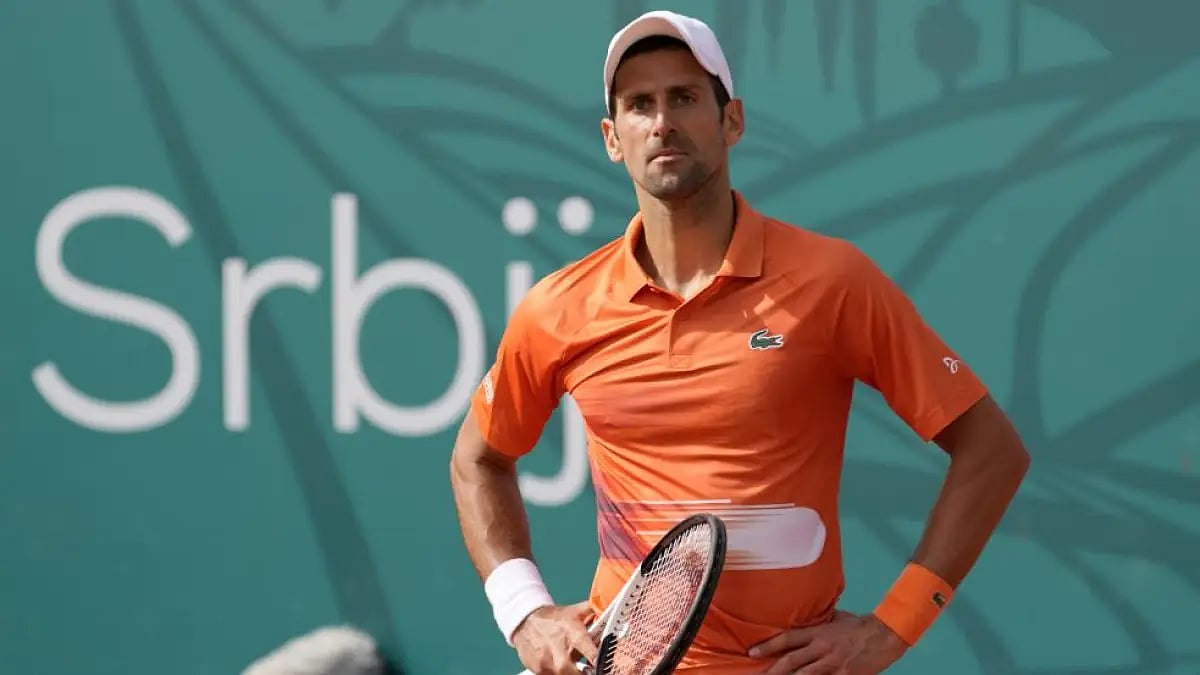 Novak Djokovic reacts during final match of the Serbia Open tennis tournament vs Andrey Rublev.