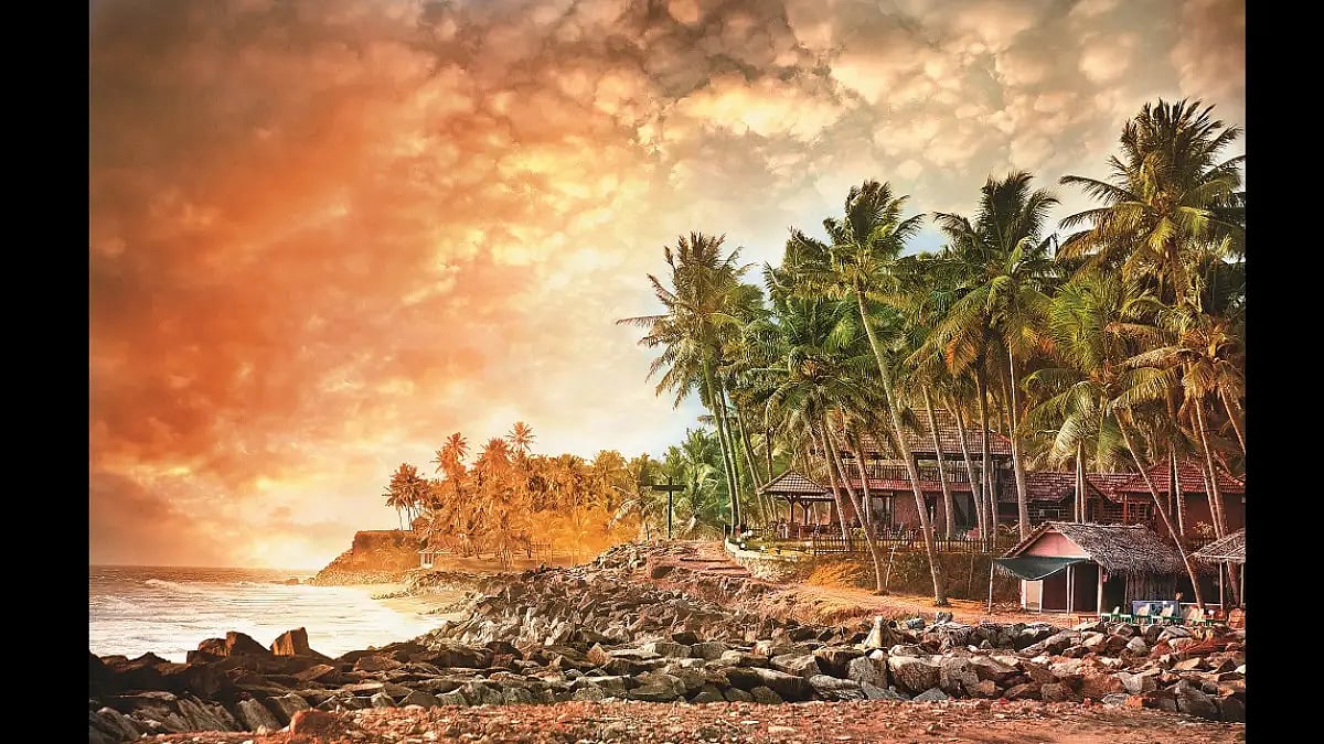 A tropical resort-cum-restaurant in Varkala, Kerala, with a fantastic view of the coastline