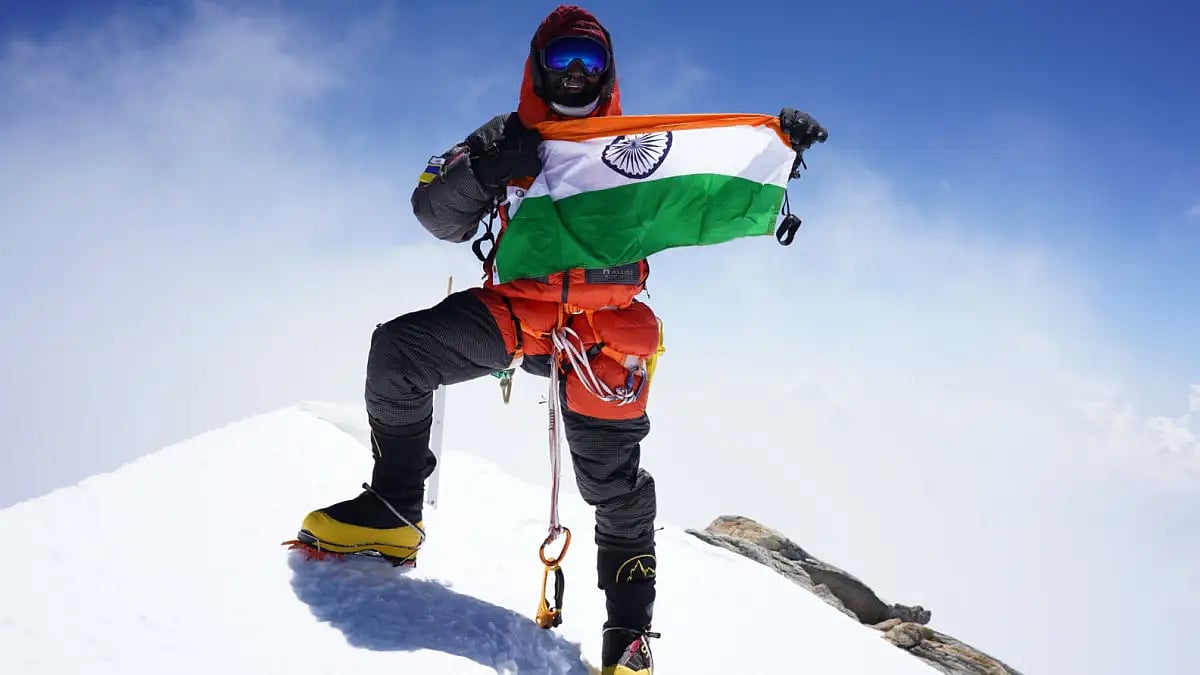 Anurag Nallavelli on the summit of Dhaulagiri, which he climbed without supplemental oxygen