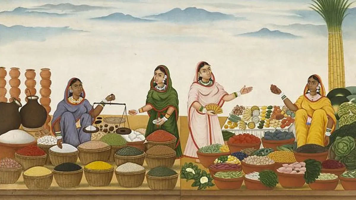 An 1850 company painting by an Indian artist depicting women women selling food 