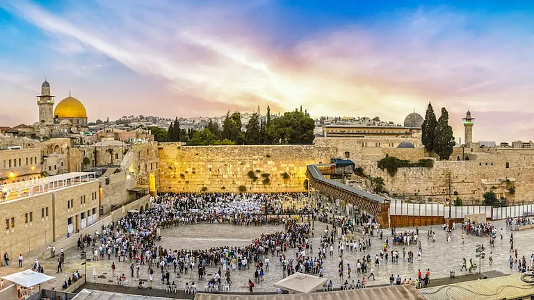 The Western Wall in Jerusalem with the Al Aqsa compound in the background - null