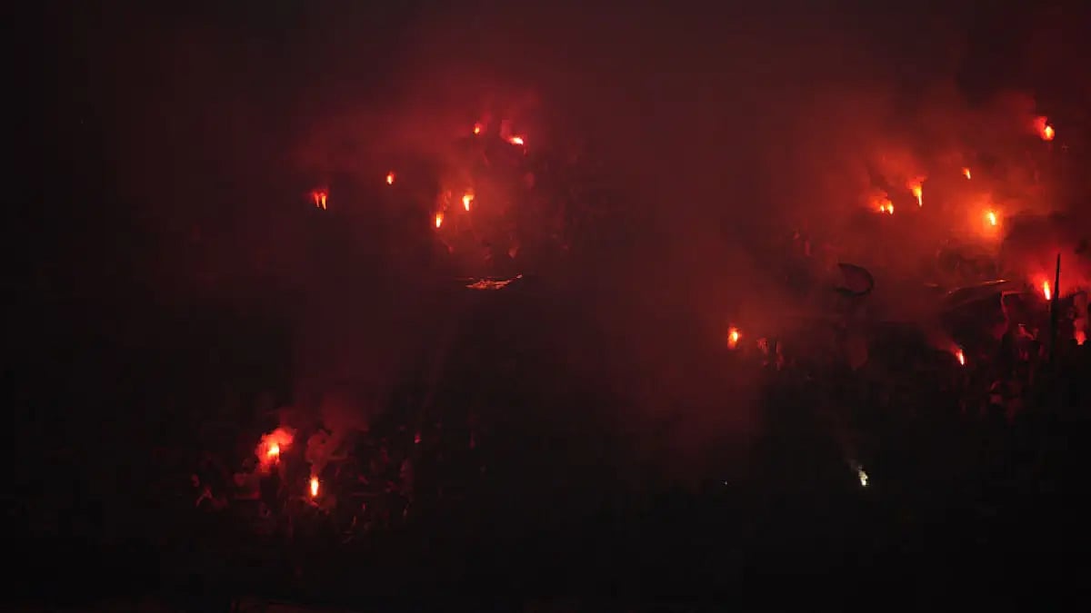 Marseille fans light flare during the Europa Conference League semi-final, second leg match against Feyenoord at the Velodrome stadium in Marseille, May 5, 2022.