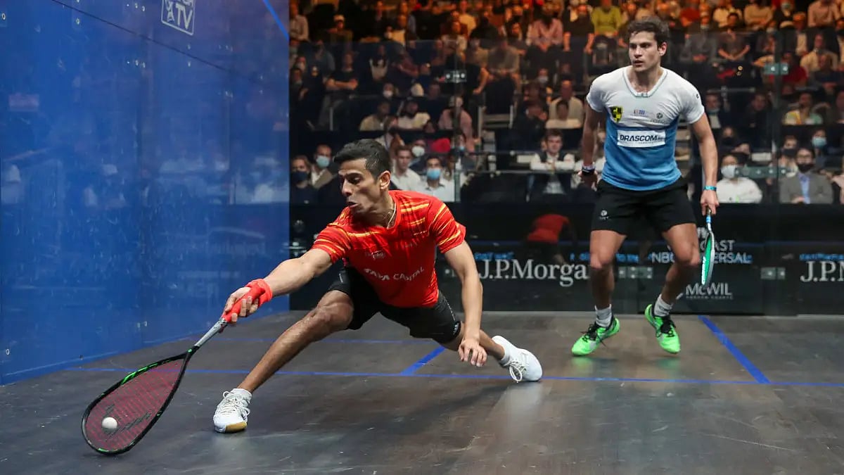 Saurav Ghosal in action against Youssef Ibrahim at Tournament of Champions.  