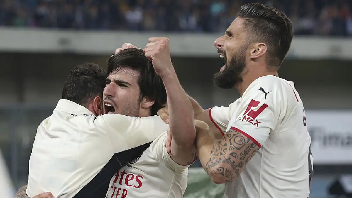 AC Milan's Sandro Tonali, center, celebrates a goal against Hellas Verona, May 8, 2022.