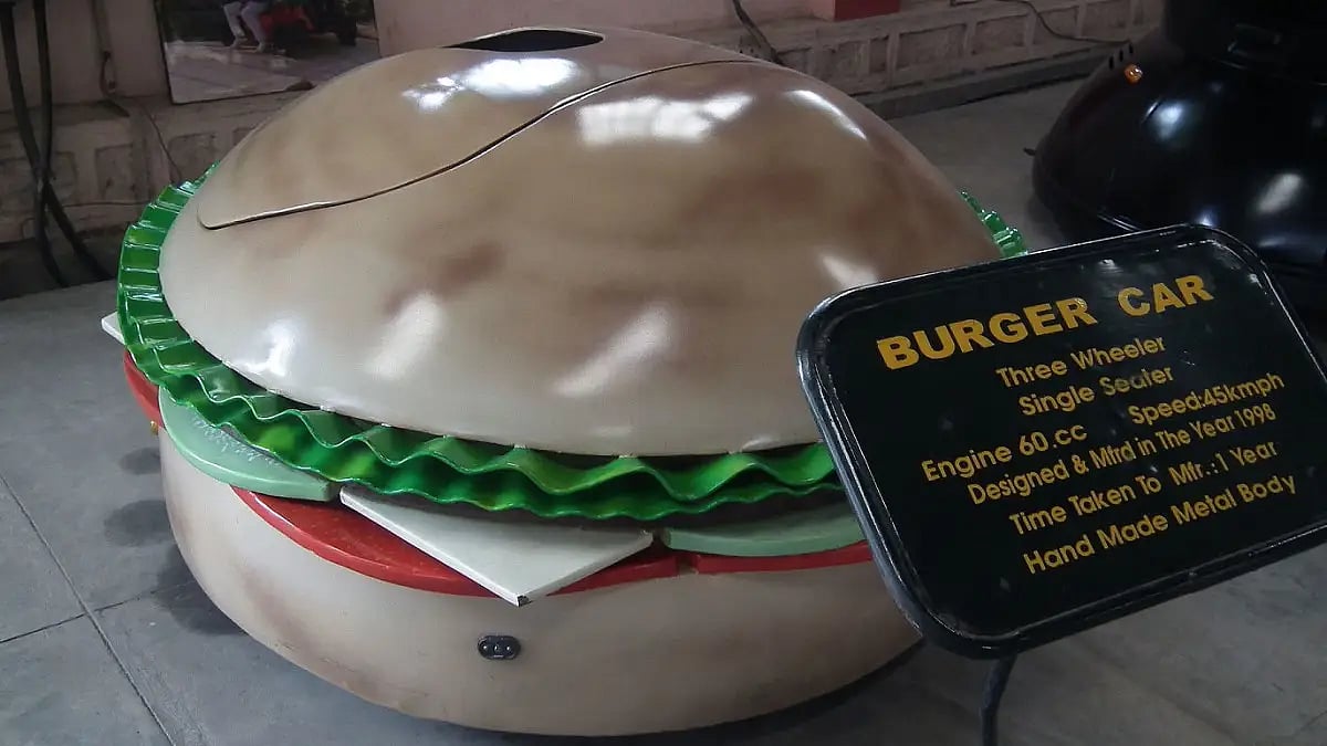You’ll find cars shaped like a camera, brinjal, burger, cricket ball and so on!